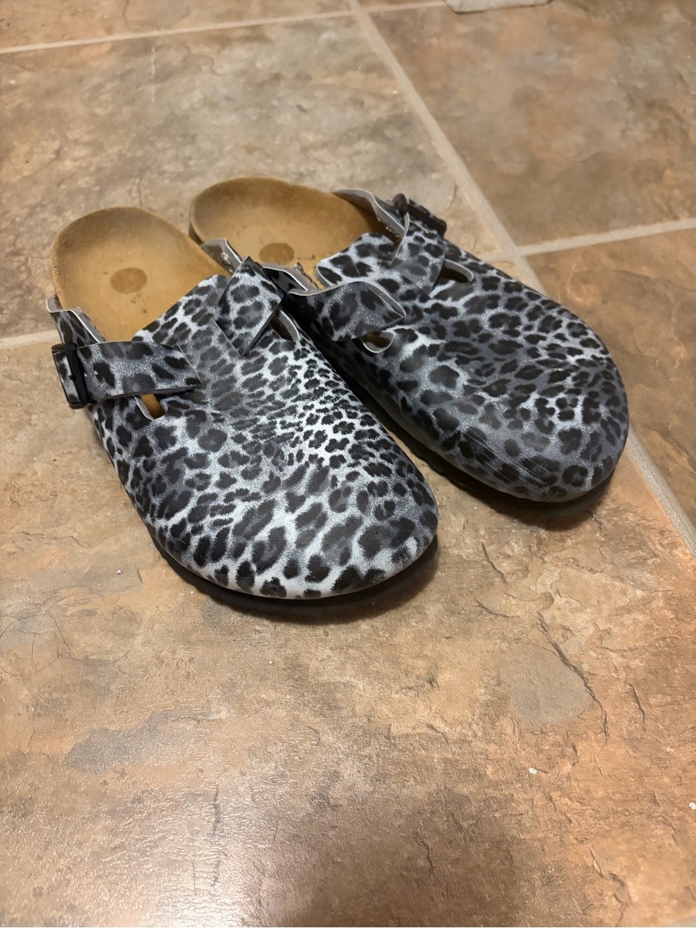 Birkenstock Black and White Leopard Print Boston Clogs